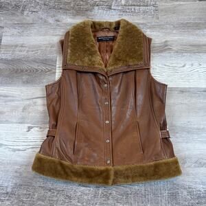 Vintage 90s Dana Buchman Brown Leather Shearling Vest Luxe Mob Wife Small